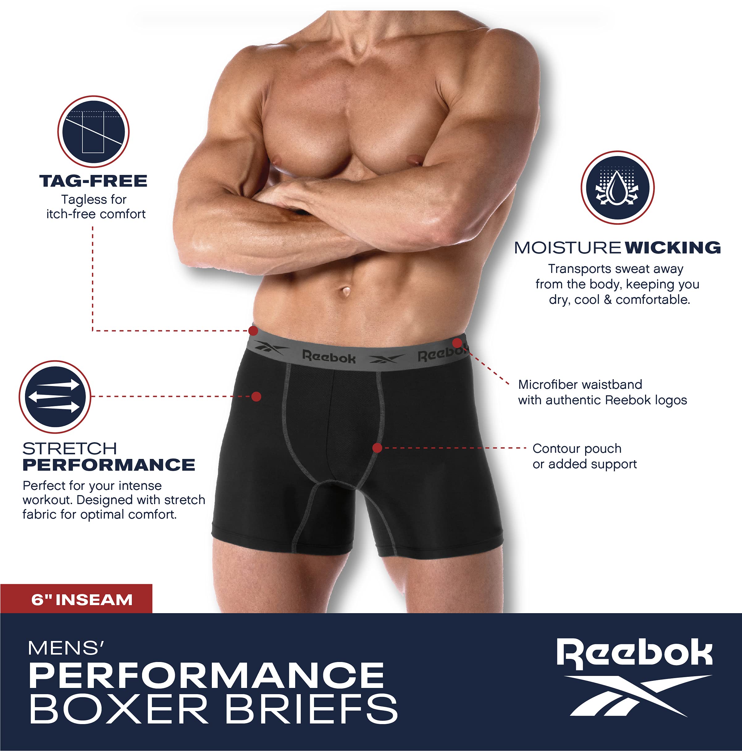 Reebok Mens Boxer Briefs - 4 Pack Stretch Performance Moisture Wicking Mens Underwear Boxers with Contour Pouch (Sizes: S-XL)