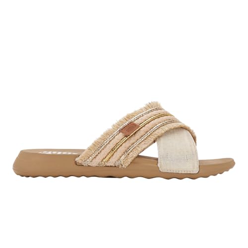 HEYDUDE Christi Slide Novelty Fringe Natural/Gold, Women’s Sandals, women's flip flops, Comfortable & Light-Weight