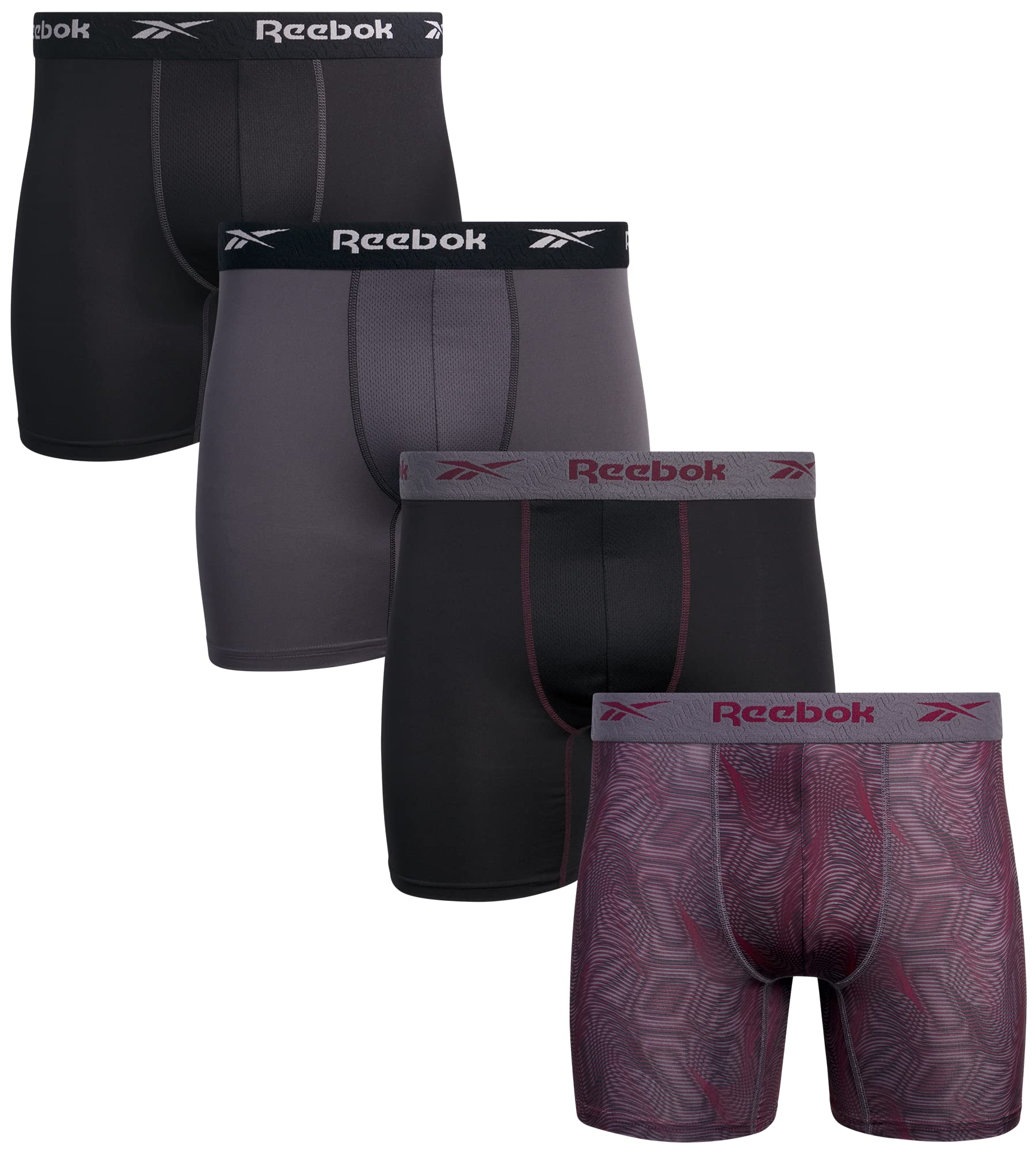 Reebok Mens Boxer Briefs - 4 Pack Stretch Performance Moisture Wicking Mens Underwear Boxers with Contour Pouch (Sizes: S-XL)