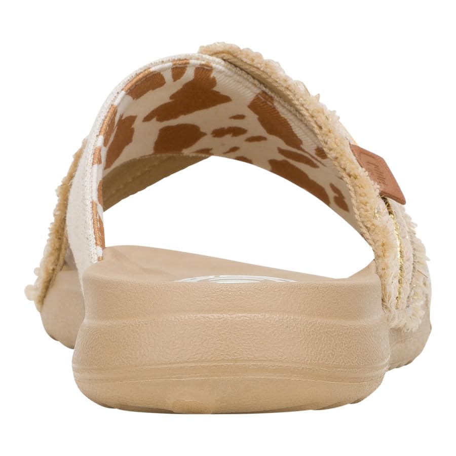 HEYDUDE Christi Slide Novelty Fringe Natural/Gold, Women’s Sandals, women's flip flops, Comfortable & Light-Weight