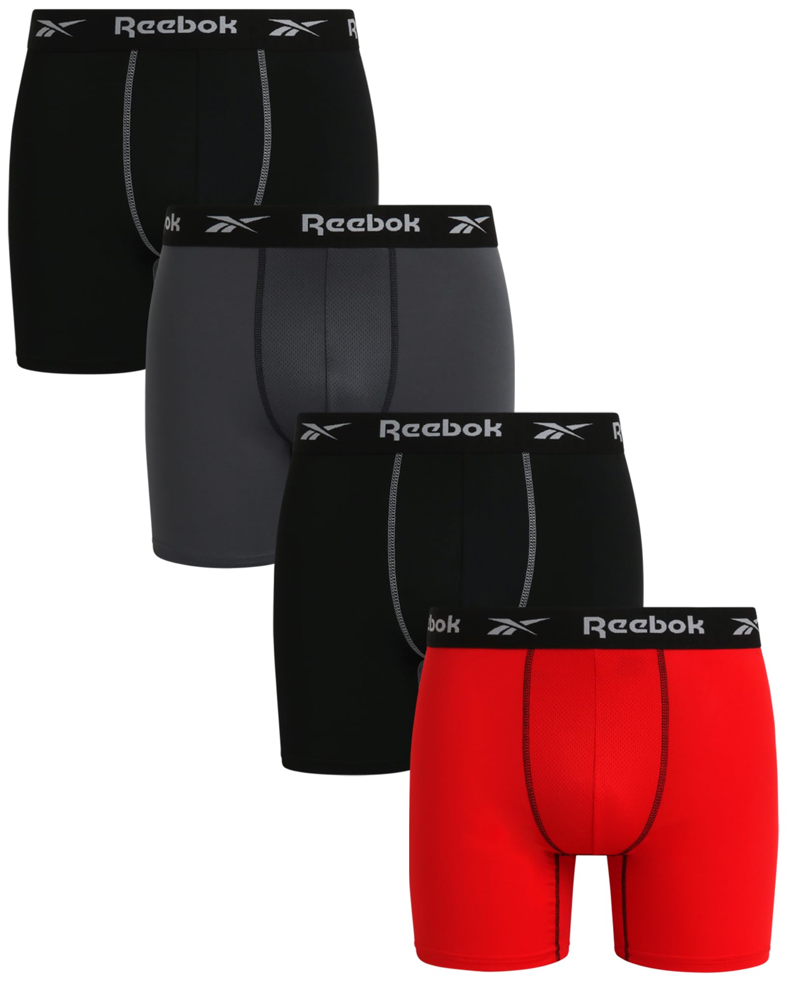 Reebok Mens Boxer Briefs - 4 Pack Stretch Performance Moisture Wicking Mens Underwear Boxers with Contour Pouch (Sizes: S-XL)