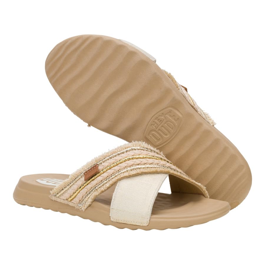 HEYDUDE Christi Slide Novelty Fringe Natural/Gold, Women’s Sandals, women's flip flops, Comfortable & Light-Weight