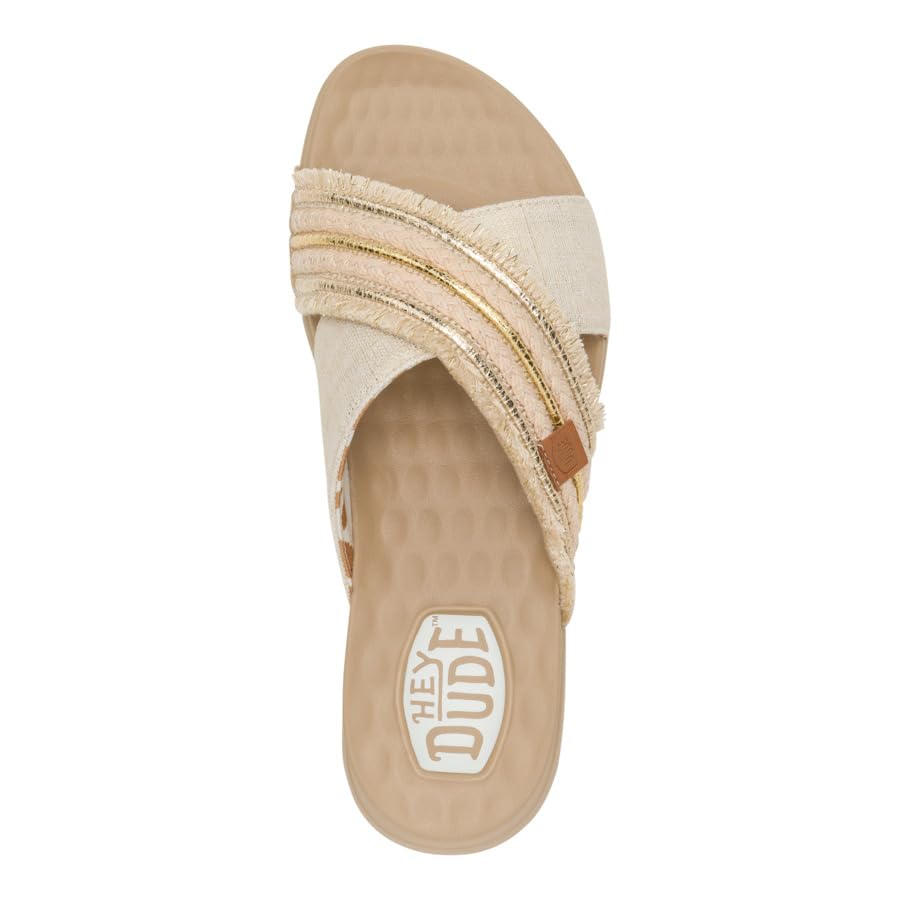 HEYDUDE Christi Slide Novelty Fringe Natural/Gold, Women’s Sandals, women's flip flops, Comfortable & Light-Weight