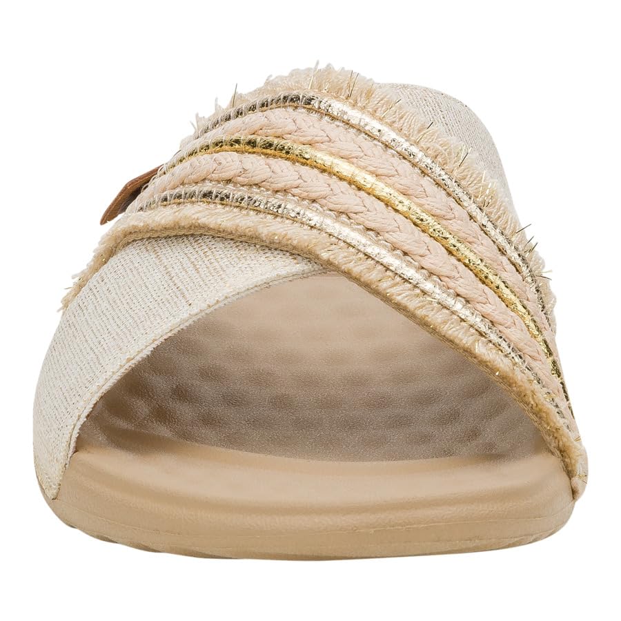 HEYDUDE Christi Slide Novelty Fringe Natural/Gold, Women’s Sandals, women's flip flops, Comfortable & Light-Weight