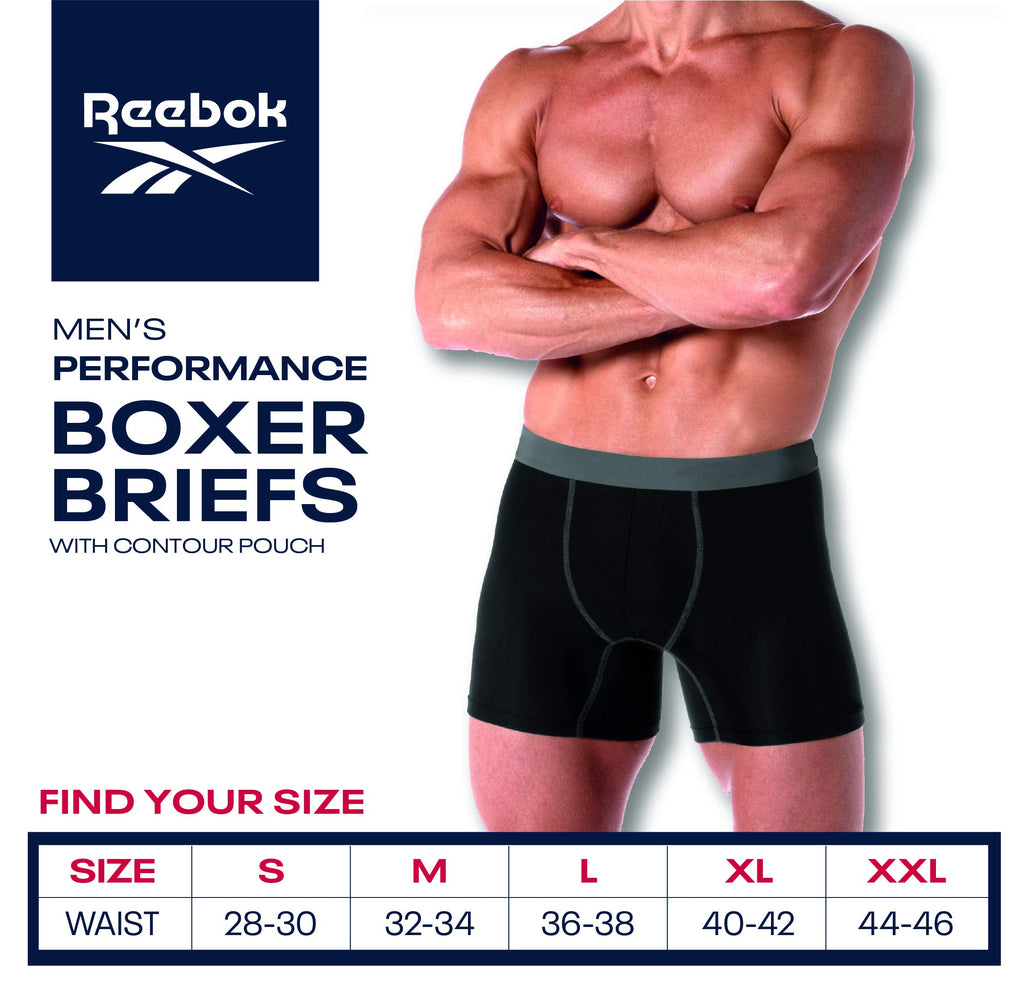 Reebok Mens Boxer Briefs - 4 Pack Stretch Performance Moisture Wicking Mens Underwear Boxers with Contour Pouch (Sizes: S-XL)