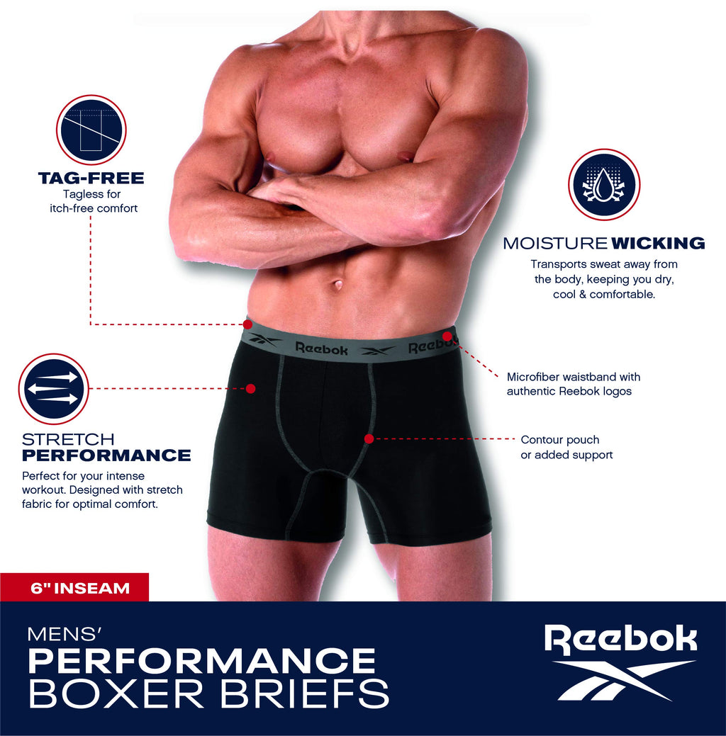Reebok Mens Boxer Briefs - 4 Pack Stretch Performance Moisture Wicking Mens Underwear Boxers with Contour Pouch (Sizes: S-XL)