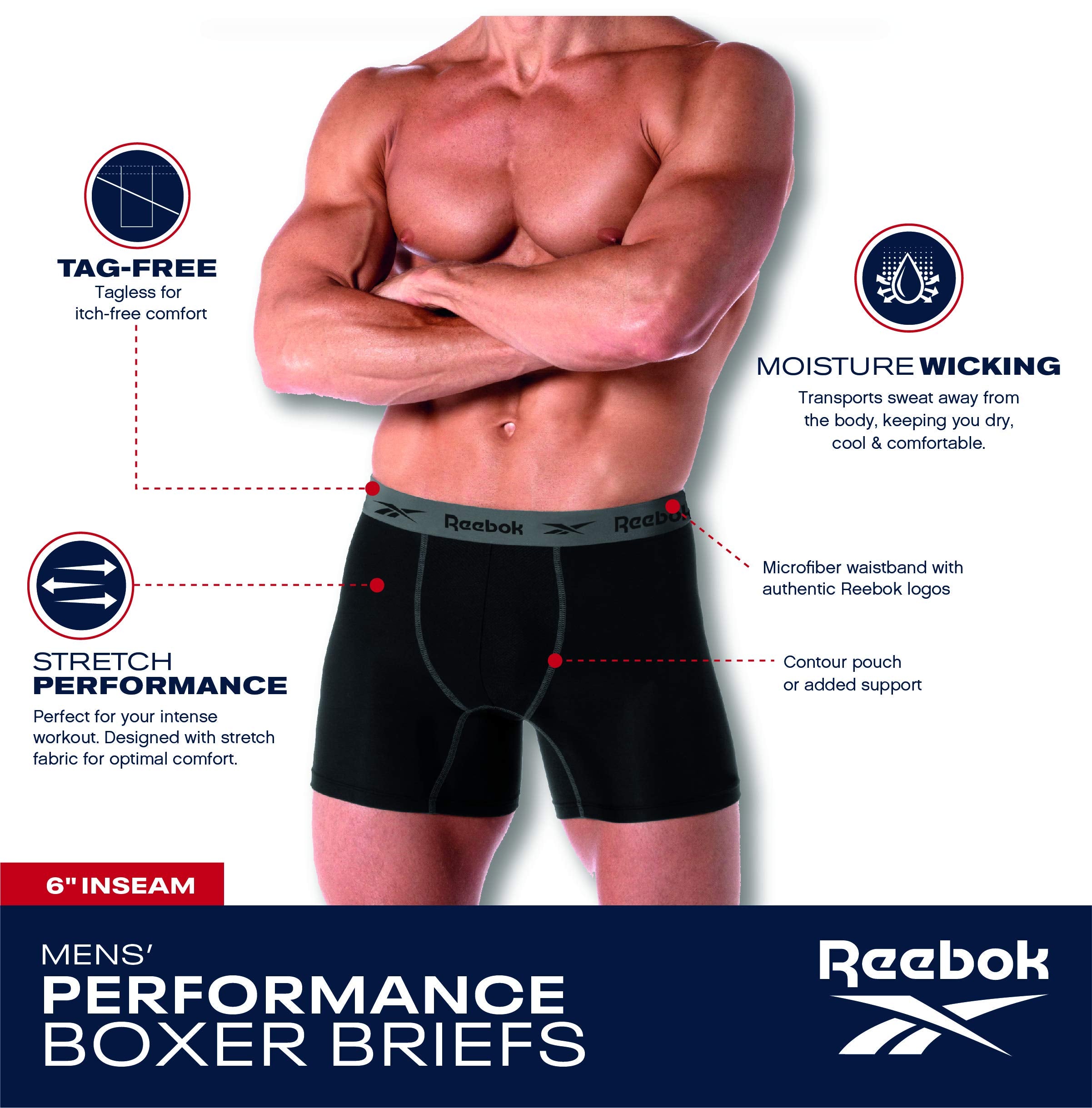 Reebok Mens Boxer Briefs - 4 Pack Stretch Performance Moisture Wicking Mens Underwear Boxers with Contour Pouch (Sizes: S-XL)