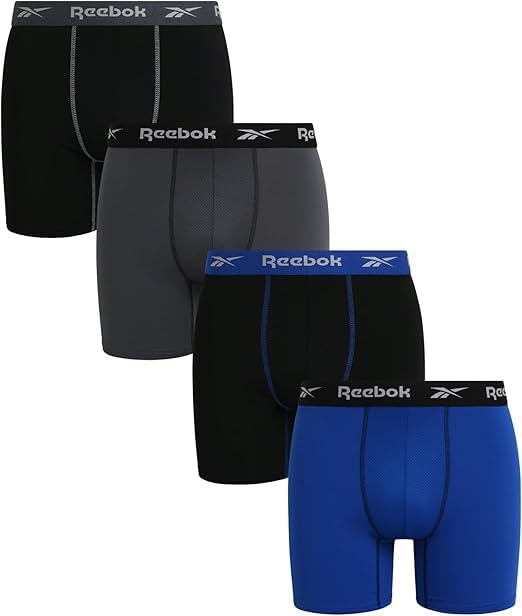 Reebok Mens Boxer Briefs - 4 Pack Stretch Performance Moisture Wicking Mens Underwear Boxers with Contour Pouch (Sizes: S-XL)